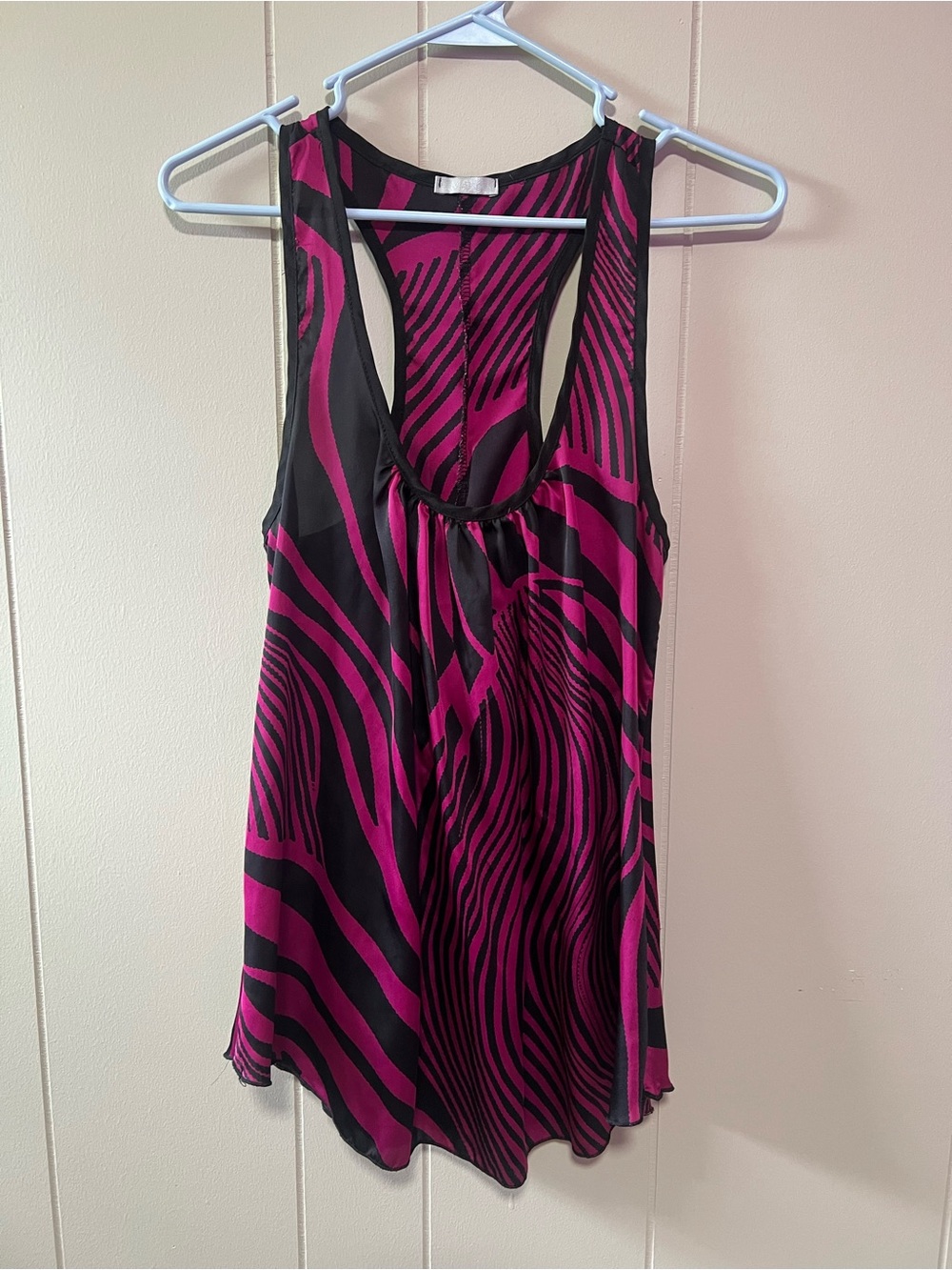 Black and Magenta Zebra-Print Racerback Tank Top with Ruffle Detail Bac